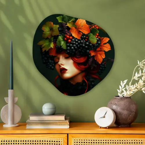 Vrouw - Rood - Groen - Druiven Wandcirkel Organisch Plexiglas middel -sfeer2