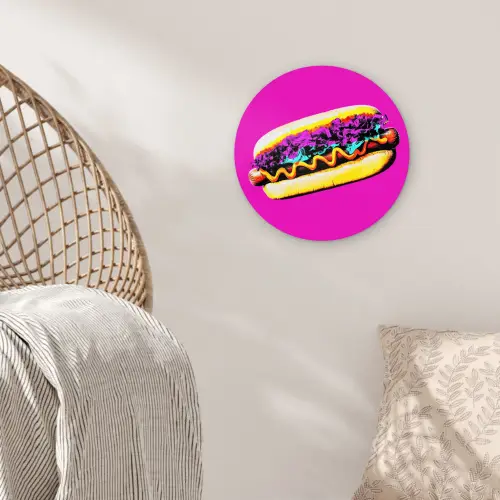 Hotdog - Roze - Retro Wandcirkel kunststof plaat 5mm dik klein -sfeer5