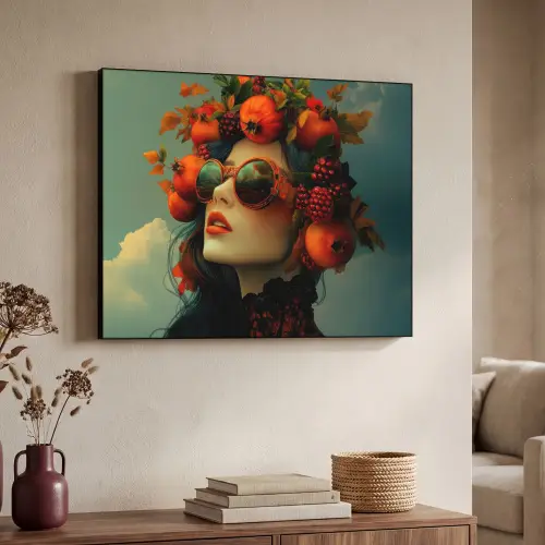 Vrouw - Granaatappel - Herfst - Zonnebril Textielframe zwart klein -sfeer3