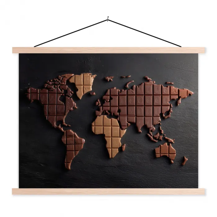 Wereldkaart - chocola - Smakelijke uitstraling textielposter latten blank klein -3d