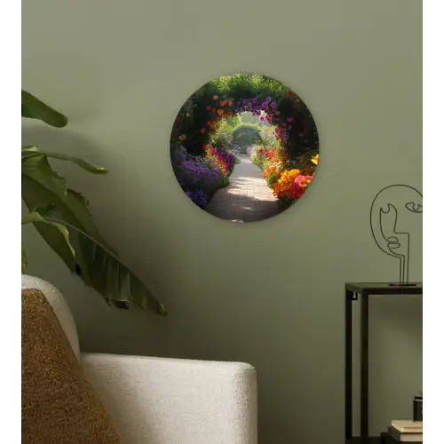 Doorkijk - Pad - Bloemen - Struik - Kleurrijk Wandcirkel plexiglas klein -sfeer3