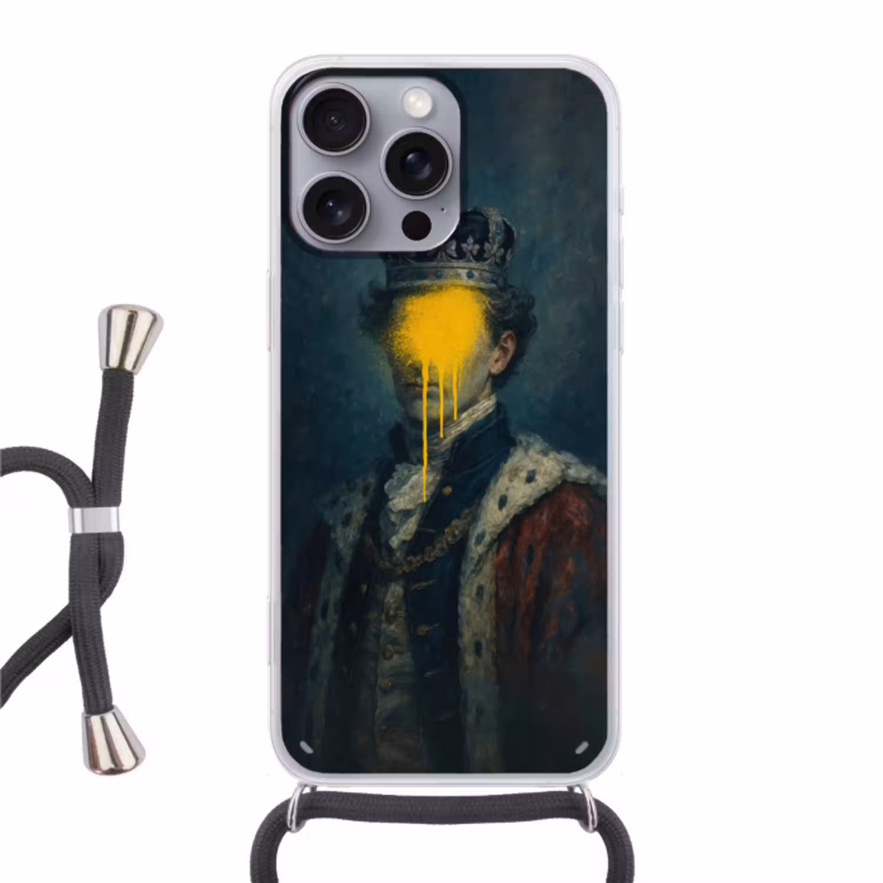 Koning - Portret - Druipende gele verf Hoesje iPhone 16 Pro Max met koord klein -3d