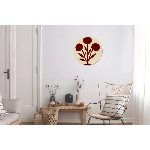 Bloemen - Bladeren - Rood - Minimalistisch Wandcirkel aluminium klein -woonkamer