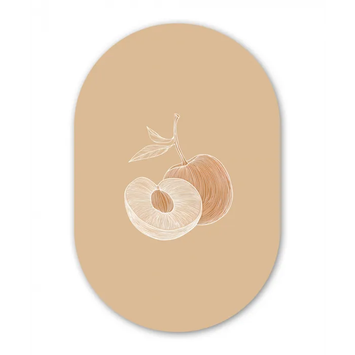 Perzik - Lijntekening - Pit - Beige Wandcirkel Ovaal Glas middel -3d