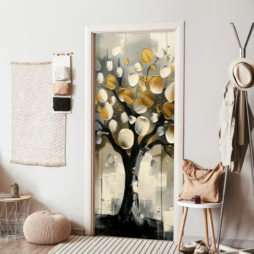 Boom - Abstract - Beige - Goud - Zwart deurposter klein -sfeer6