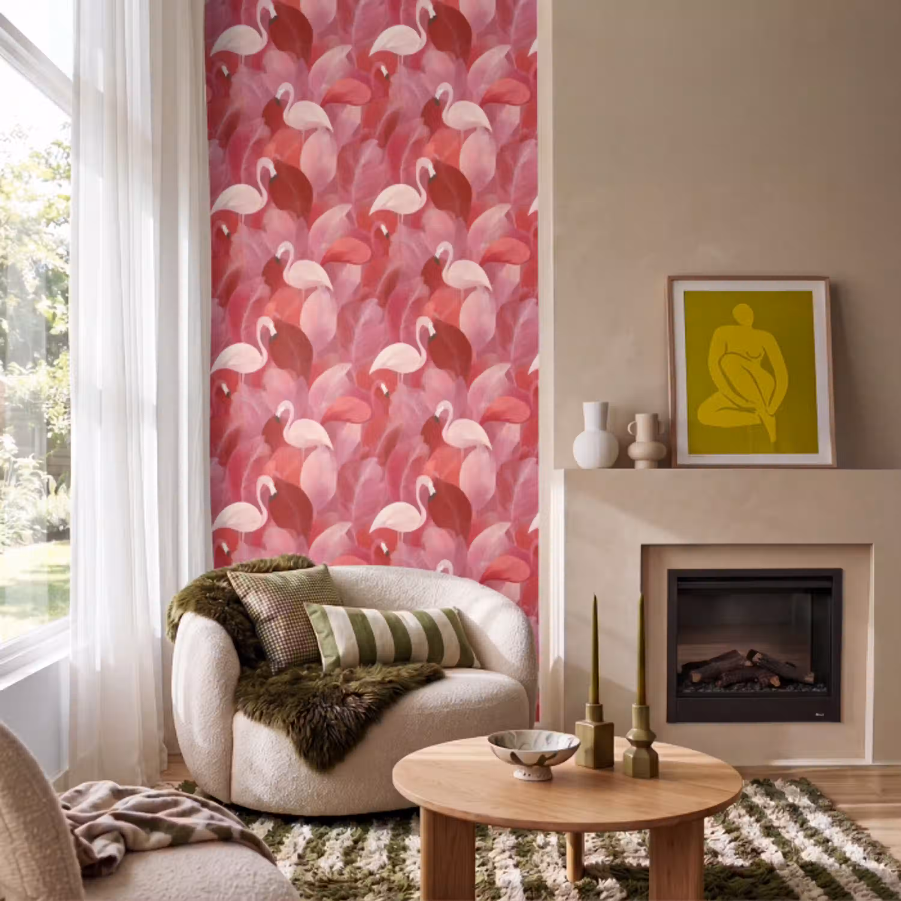 Flamingo - Botanisch - Elegant - Roze - Rood Behang Vlies klein 1076 -sfeer2