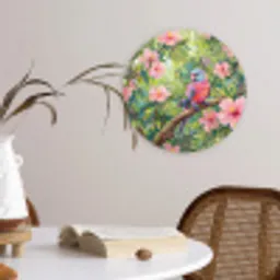 Papagaai - Hibiscusbloemen - Kleurrijk Wandcirkel kunststof plaat 5mm dik klein -sfeer4