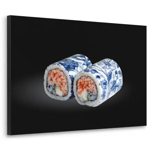 Sushi - Delfts blauw - Rijst - Vis - Elegant Textielframe zwart klein -3d
