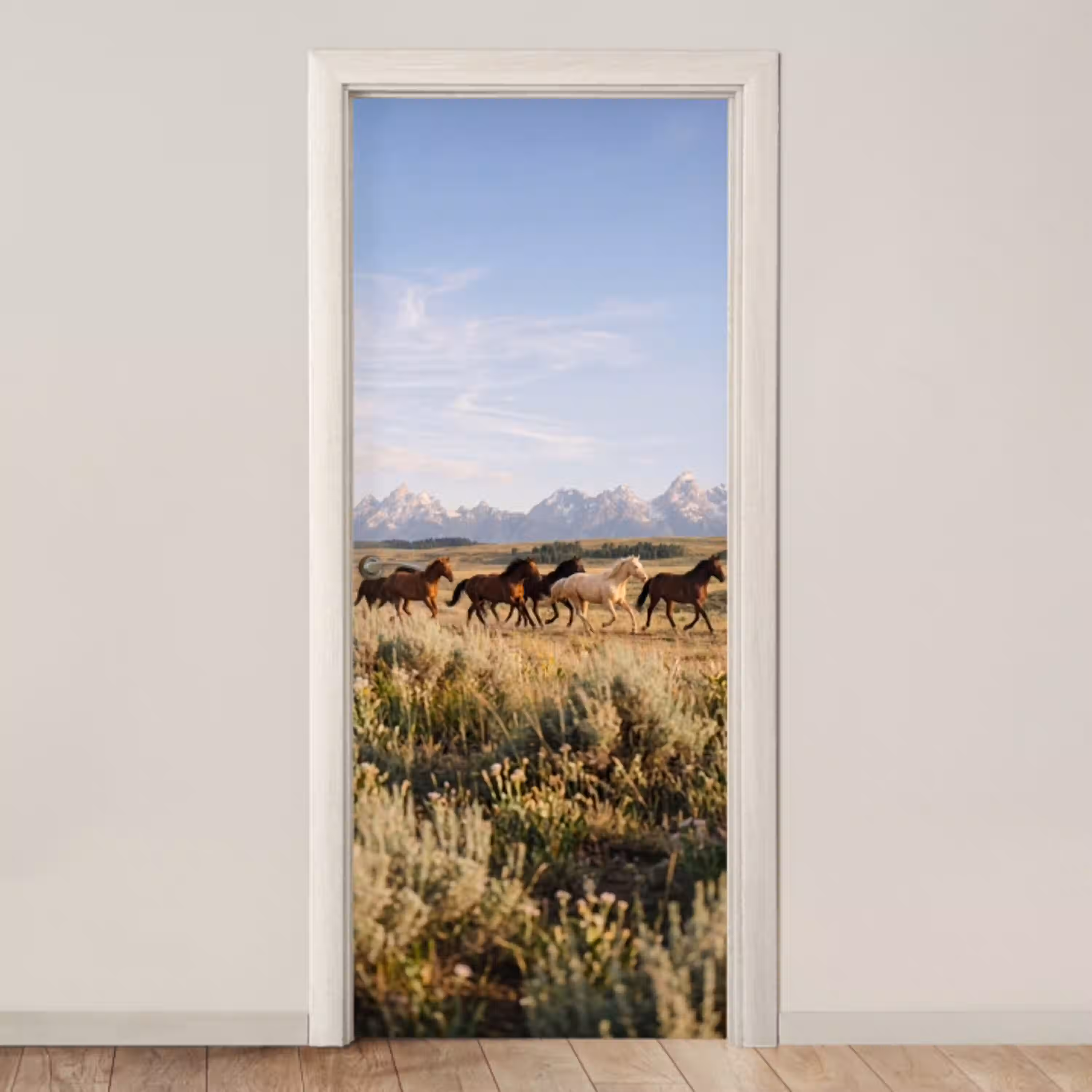 Paarden - Kudde - Bergen - Vrijheid - Wild deurposter klein -3d_beige