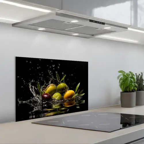 Olijven - Groen - Water - Zwart keuken achterwand spatscherm klein -3d_schuin