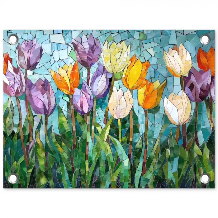 Mozaïek - Veld - Tulpen - Kleurrijk tuinposter los doek klein -3d