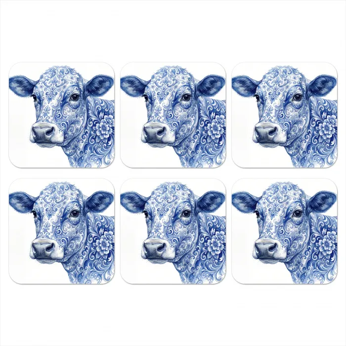 Illustratie - Koe - Blauw onderzetter kurk middel -3d