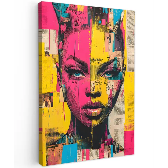 Vrouwengezicht - Krantenpapier - Abstract - Roze Tuinposter op houten frame 2 cm dik klein -3d