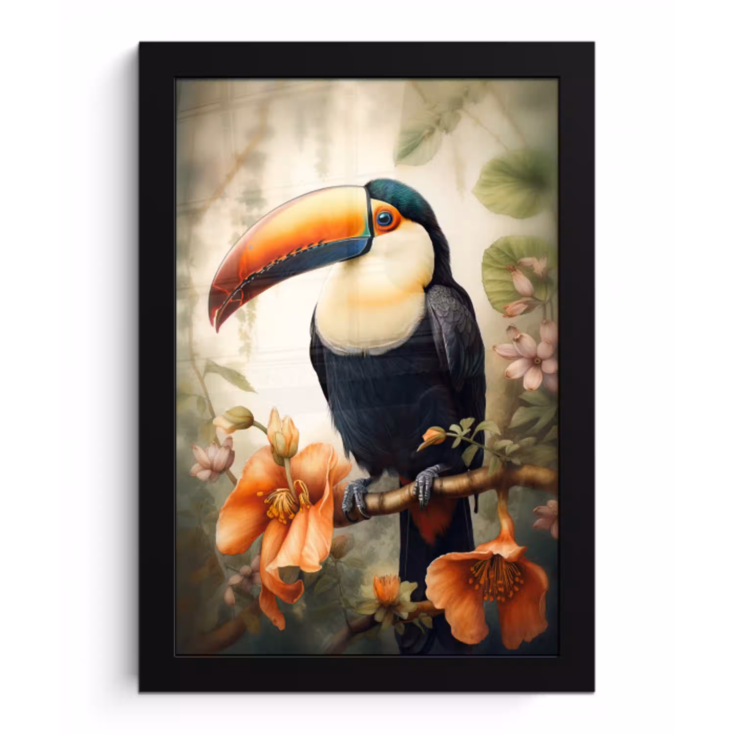 Toekan - Vogel - Bloemen - Planten fotolijst zwart zonder passe partout klein -3d