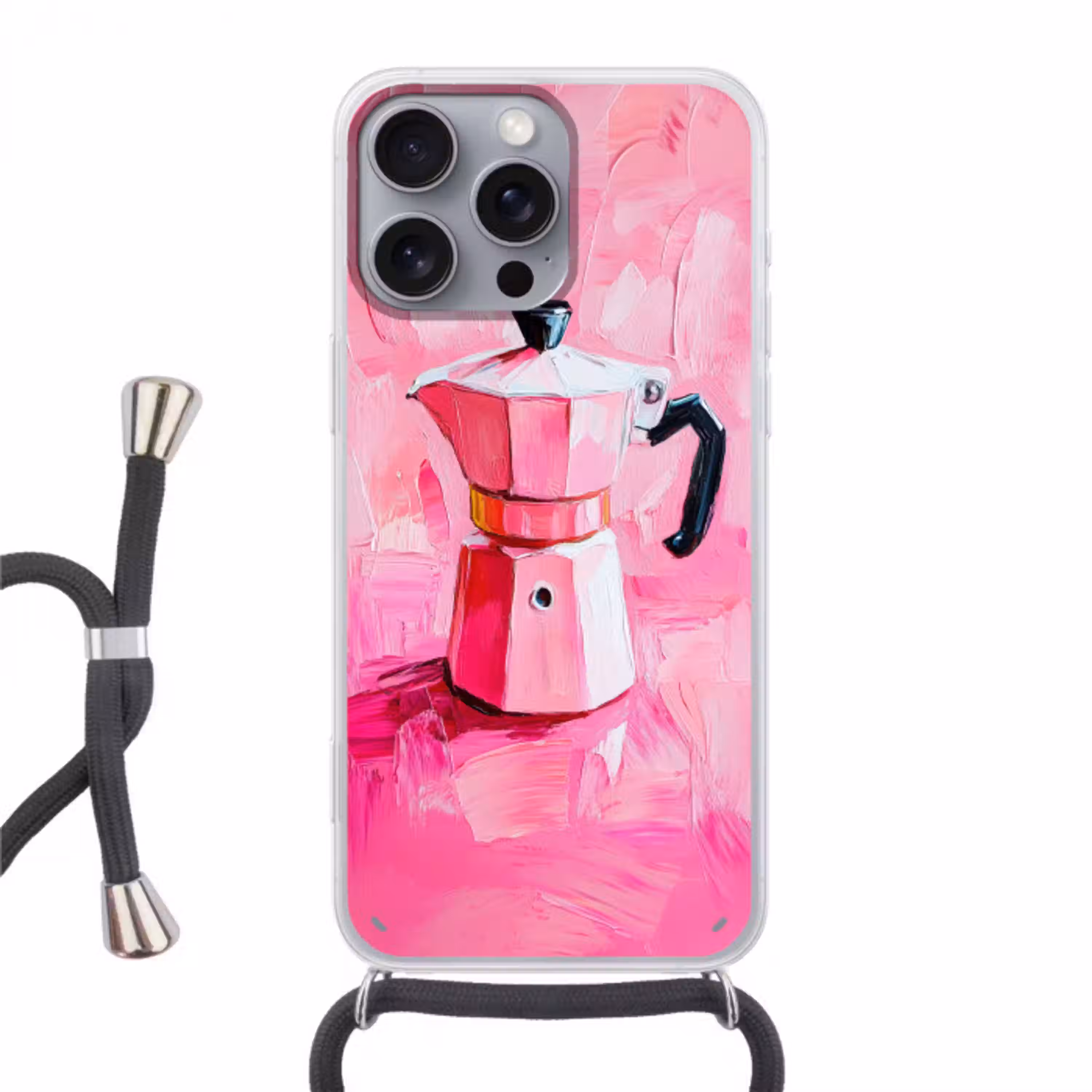 Roze - Verf - Coffee Hoesje iPhone 16 Pro Max met koord klein -3d