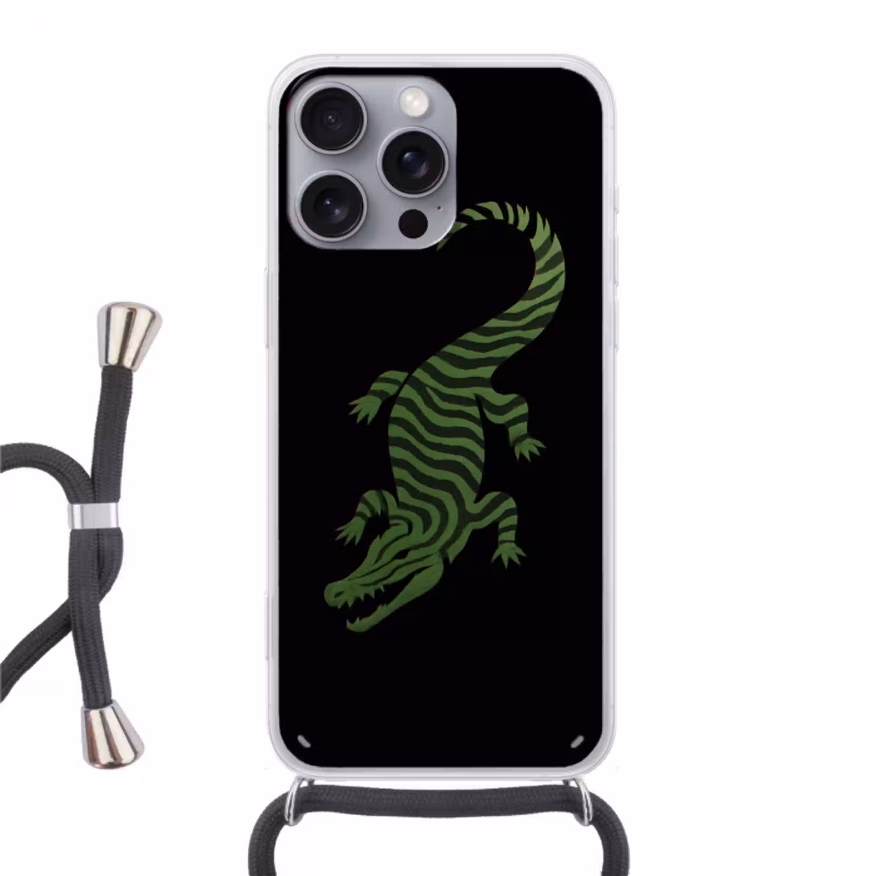 Krokodil - Groen - Tijgerachtig - Strepen Hoesje iPhone 16 Pro Max met koord klein -3d