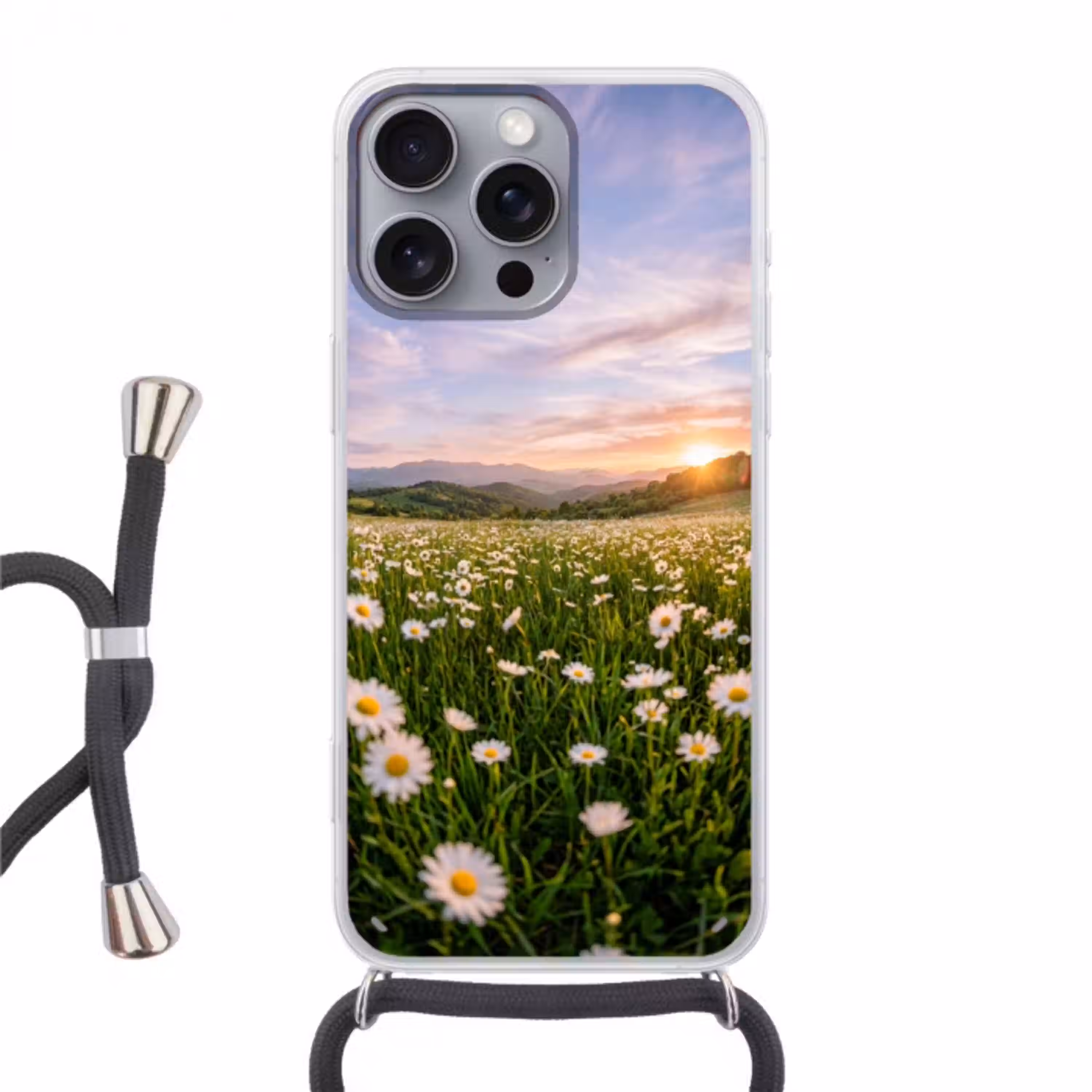 Madelief - Veld - Heuvels - Groen Hoesje iPhone 16 Pro Max met koord klein -3d
