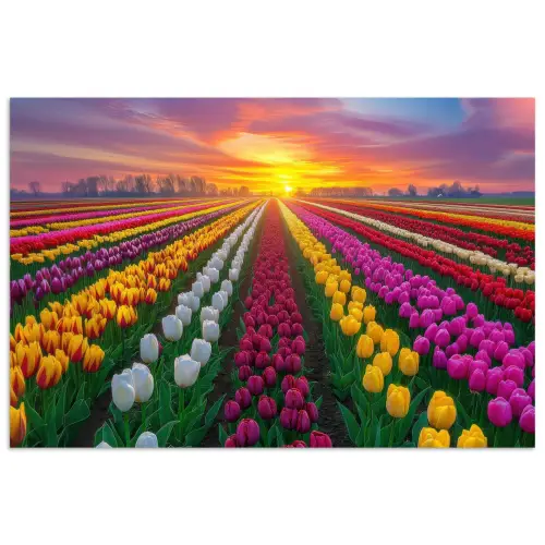 Tulpenveld - Zonsondergang - Kleurrijk poster papier klein -3d