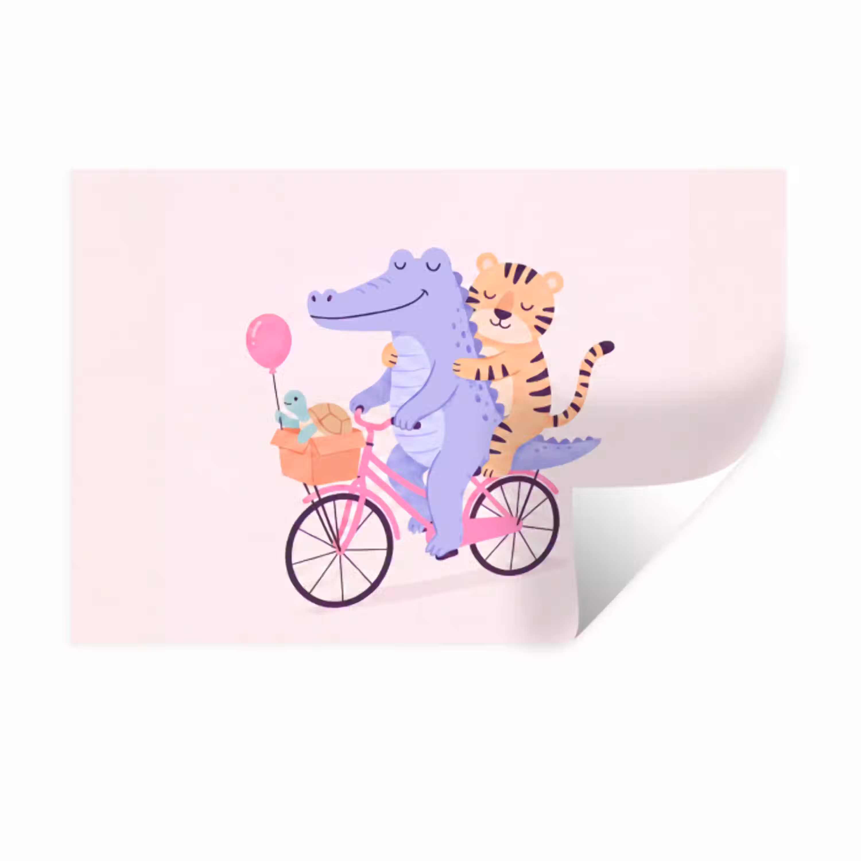 Dieren - Fiets - Vriendschap - Illustratie - Roze Muursticker klein -3d