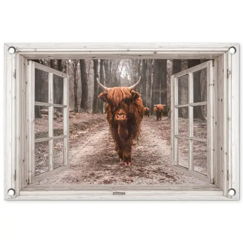 Hooglander door het Raam tuinposter los doek klein -3d