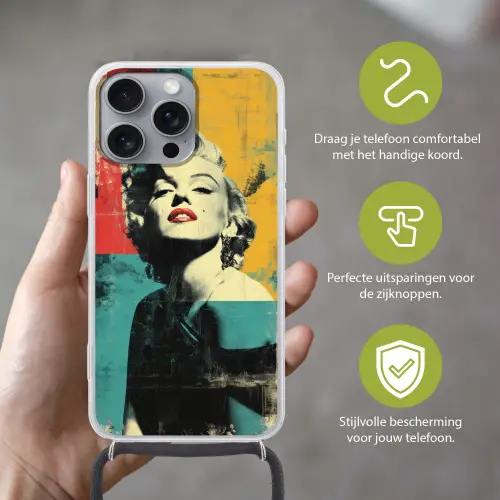Vrouw - Rode lippen - Abstracte kleurvlakken - Popartuistraling Hoesje iPhone 16 Pro Max met koord klein -sfeer2_NL