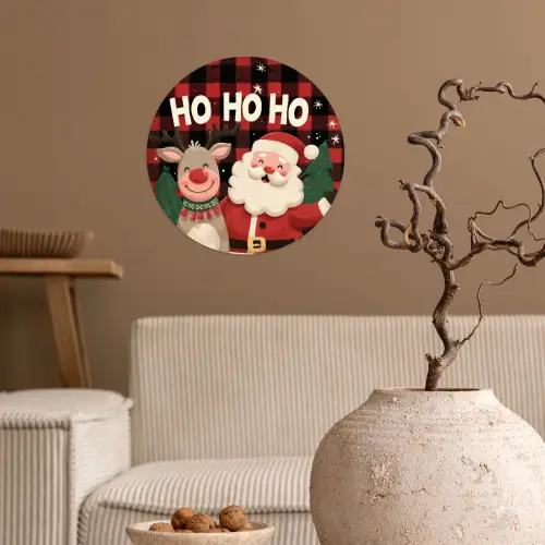 Kerstman - Rendier - Tekst - Rood - Zwart Wandcirkel behangsticker klein -sfeer1