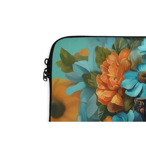 Vrouw - Bloemen - Oranje - Blauw - Modern laptophoes neopreen klein -detail