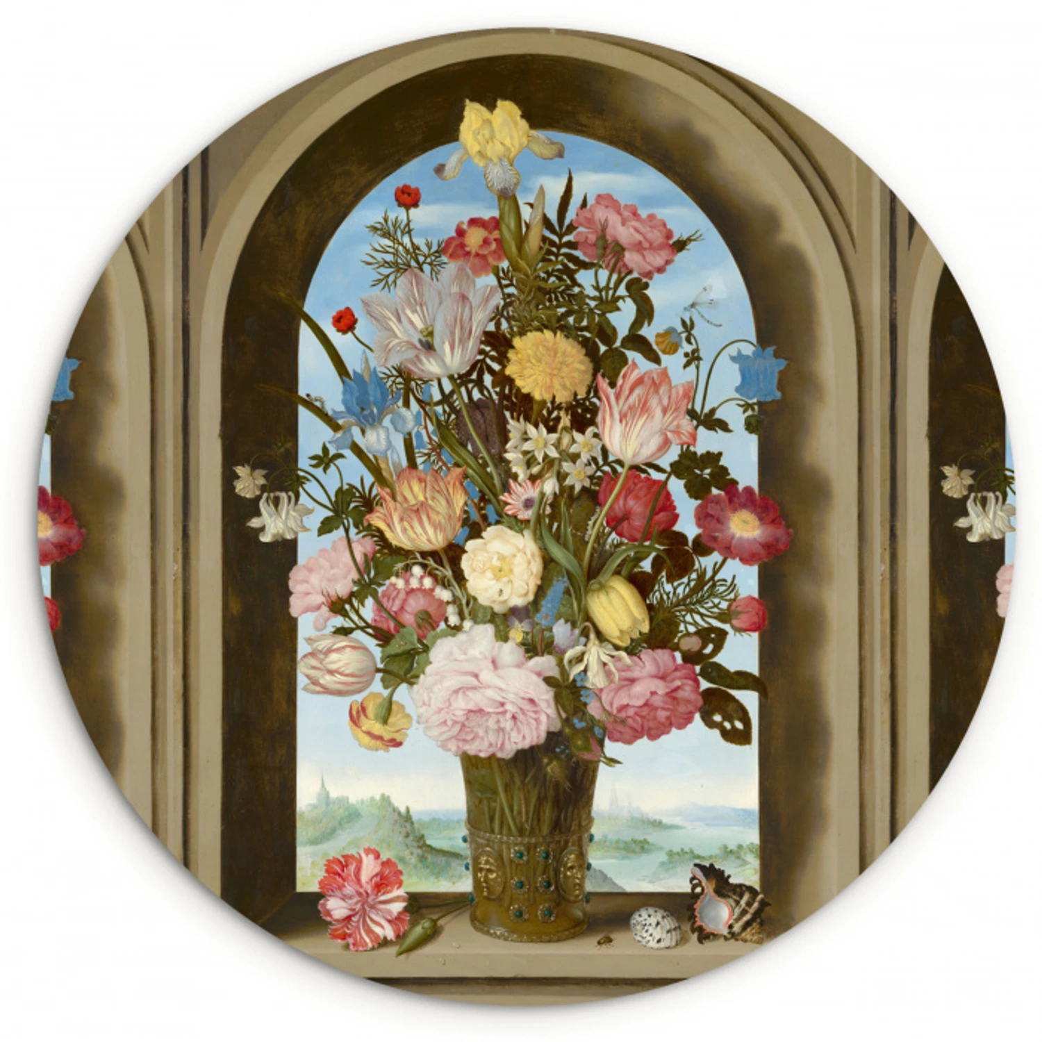 Vaas met bloemen in een venster - Schilderij van Ambrosius Bosschaert de Oude Wandcirkel kunststof plaat 5mm dik klein -3d
