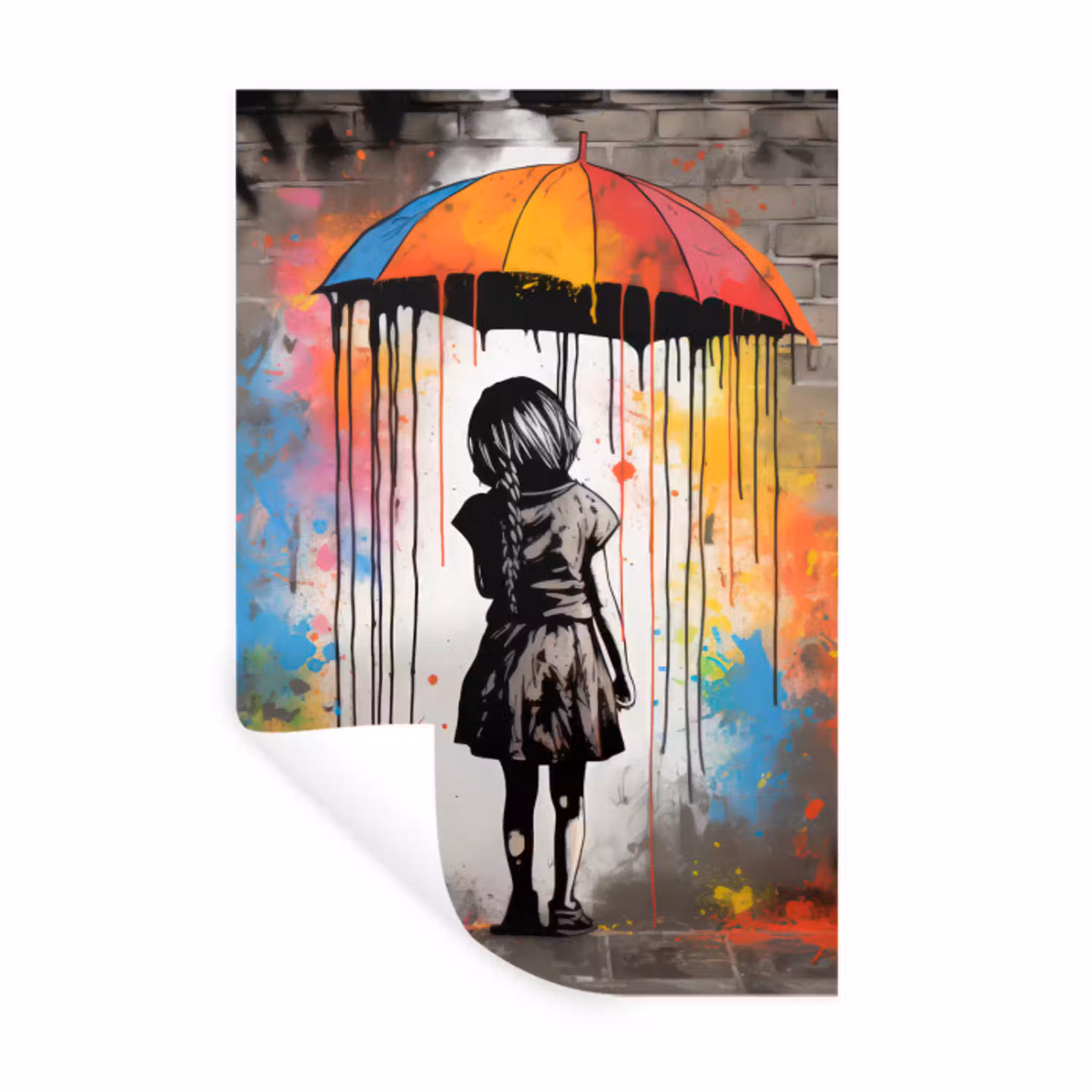 Meisje - Kunst - Paraplu - Graffiti - Kleuren - Muur Muursticker klein -3d