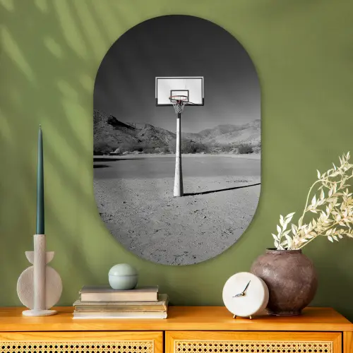 Basketbalpaal - Landschap - Zand - Wit Wandcirkel Ovaal Glas middel -sfeer2