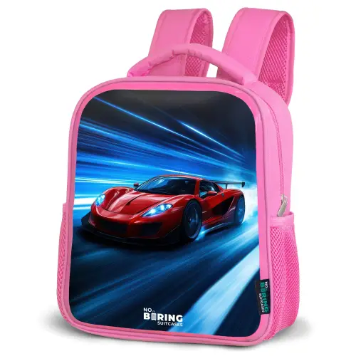 Rode racewagen in digitale snelheidswereld Kinderrugzak - Roze middel -schuin