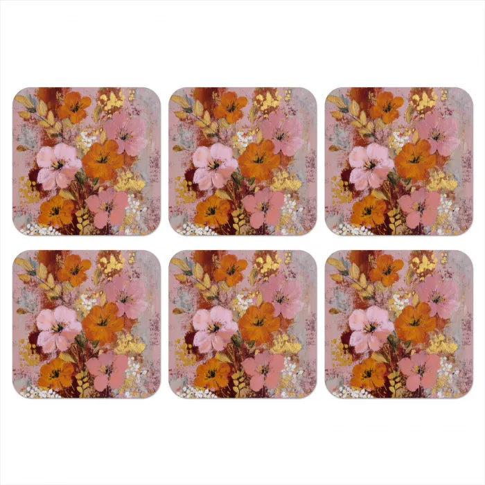 Schilderij - Bloemen - Rustiek - Roze onderzetter kurk middel -3d
