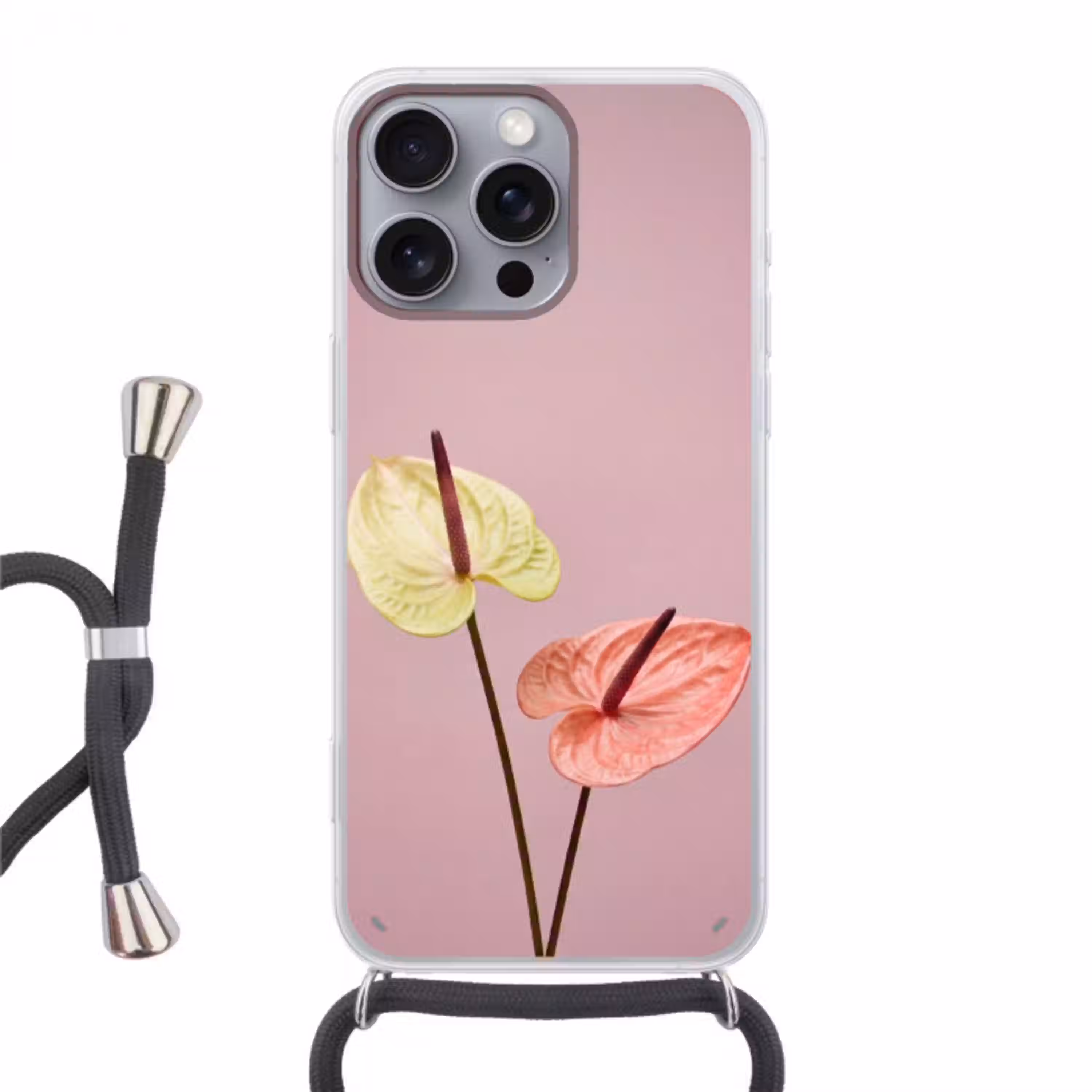Bloemen - Anthuriums - Geel - Roze Hoesje iPhone 16 Pro Max met koord klein -3d
