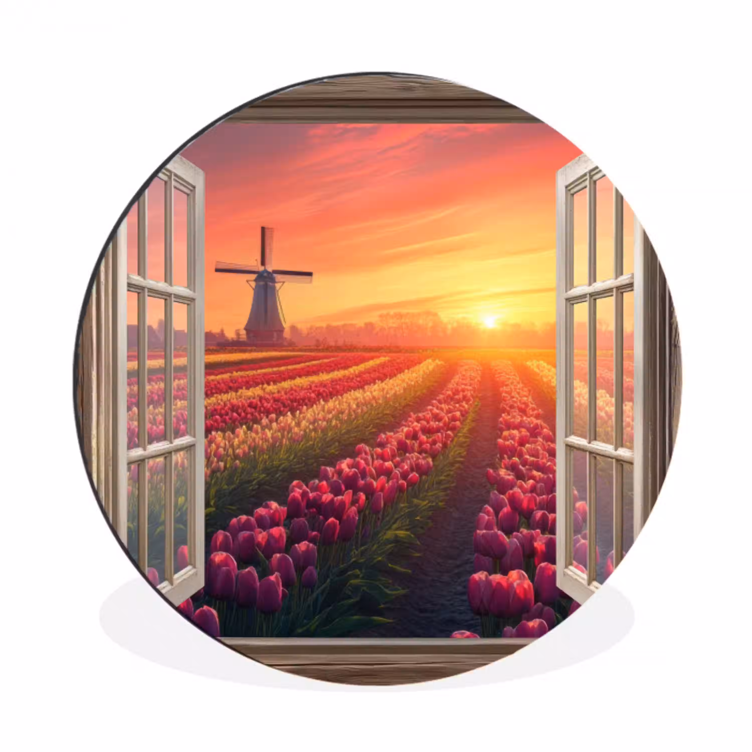 Doorkijk - Tulpen - Zonsondergang - Bloemen - Kleurrijk Wandcirkel aluminium klein -3d
