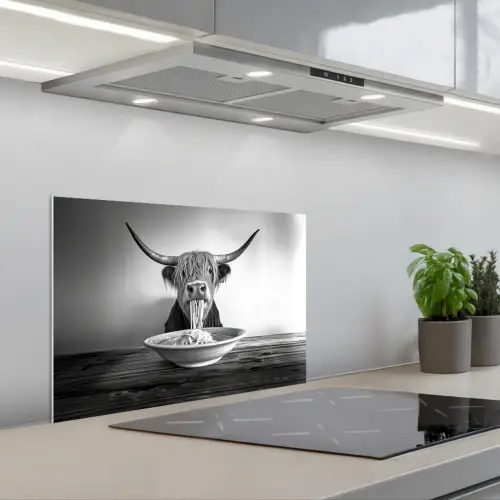 Schotse Hooglander - Spaghetti - Dieren - Zwart wit keuken achterwand spatscherm klein -3d_schuin