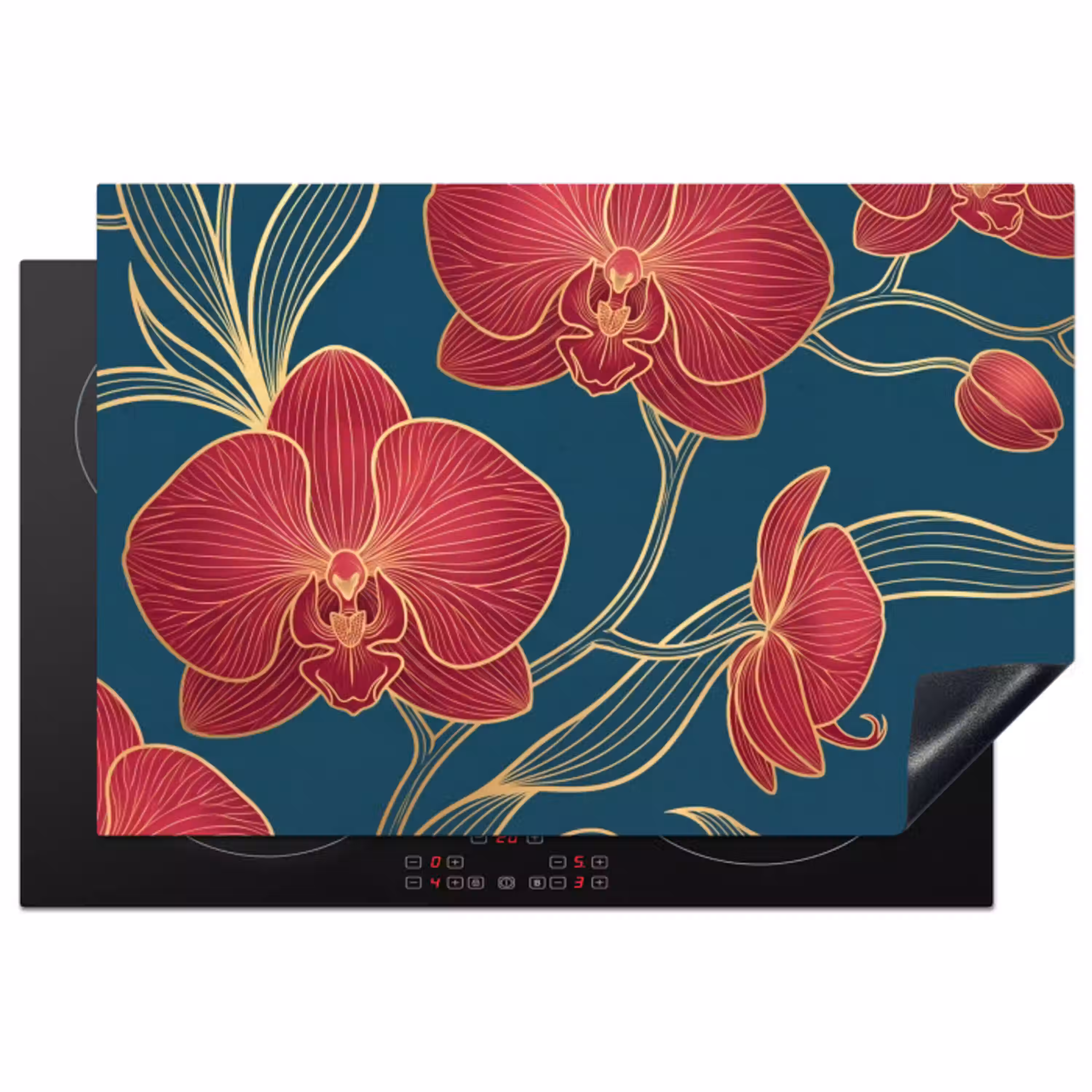 Bloemen - Rood - Goud Inductie beschermer vinyl 3mm klein -3d