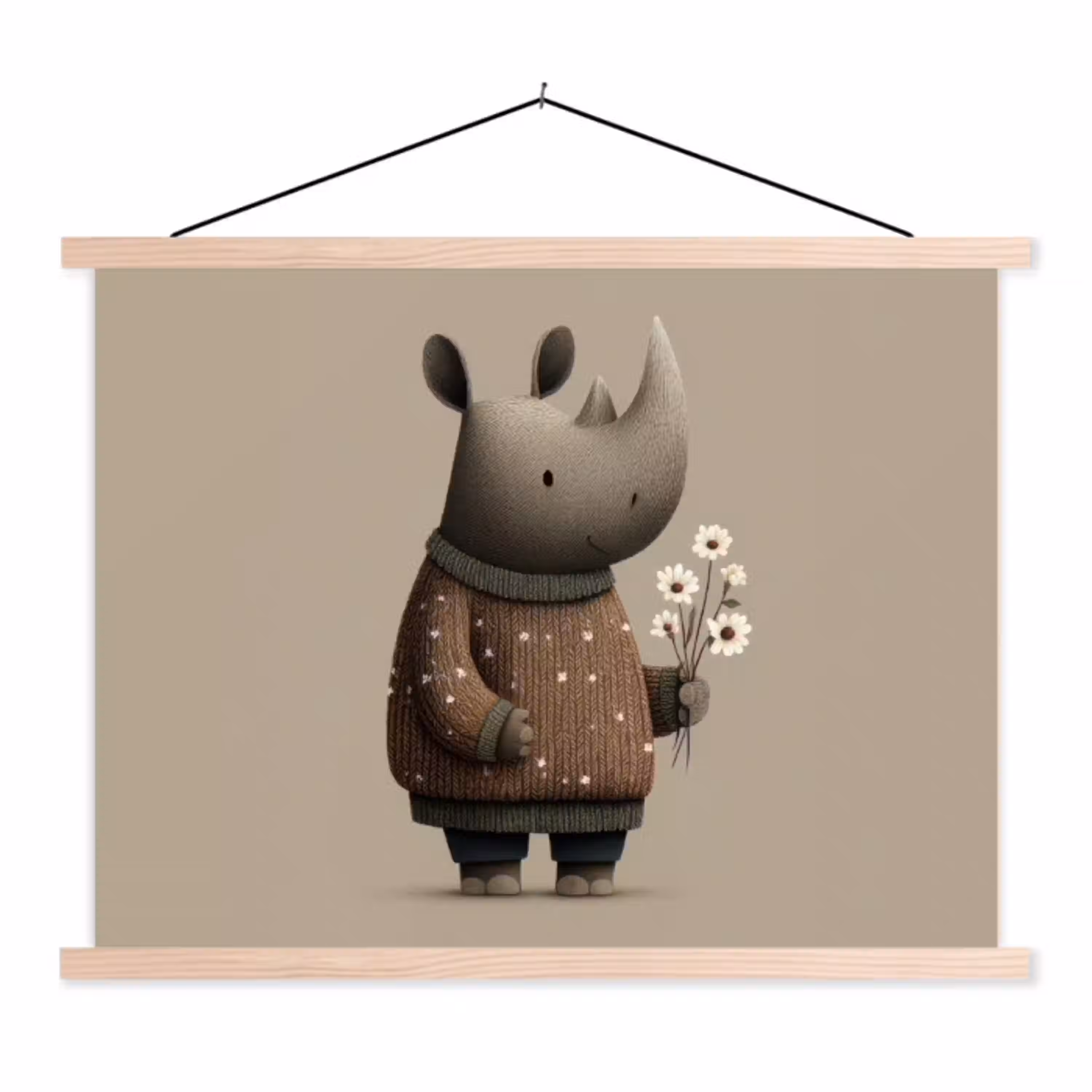Neushoorn - Witte bloemen - Lief textielposter latten blank klein -3d