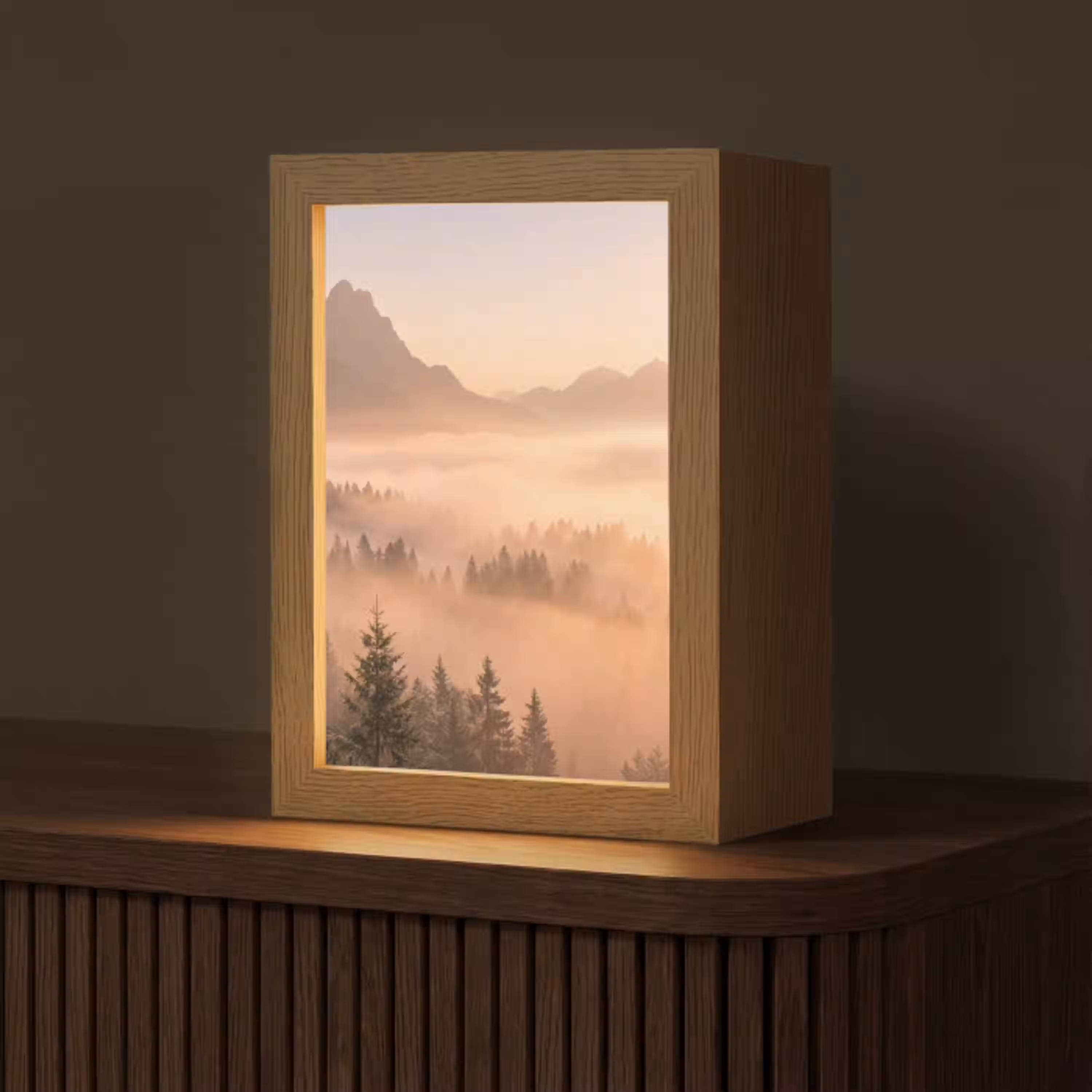 Zonlicht - Mist - Bergen - Bomen Light Box met kabel (Tafellamp) klein -z3d_website