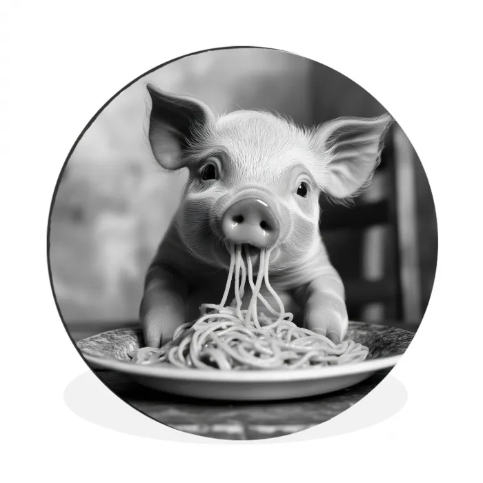 Varken - Schattig - Spaghetti - Zwart wit - Dier Wandcirkel aluminium klein -3d