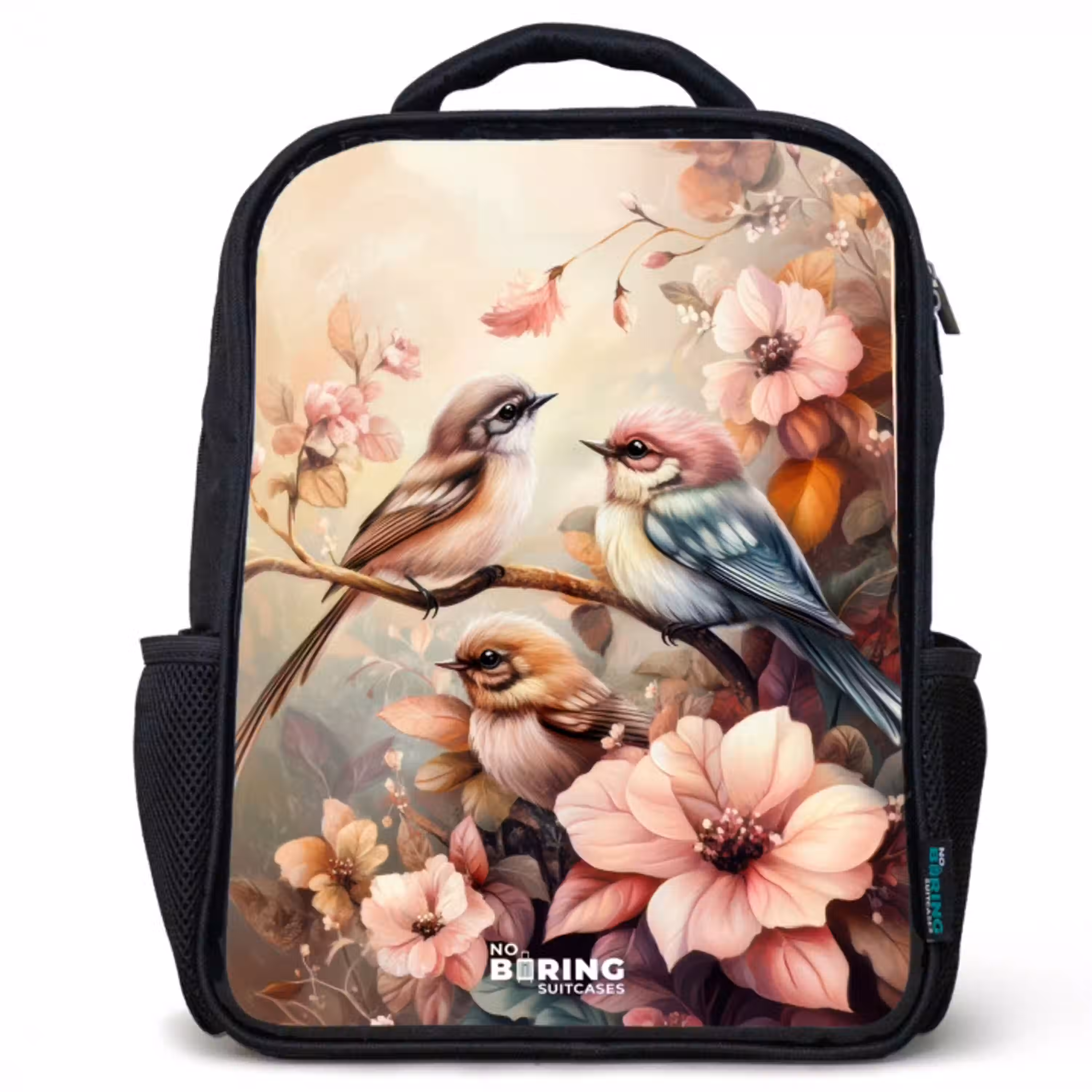 Vogels met roze bloemen Rugzak - Zwart middel -3d