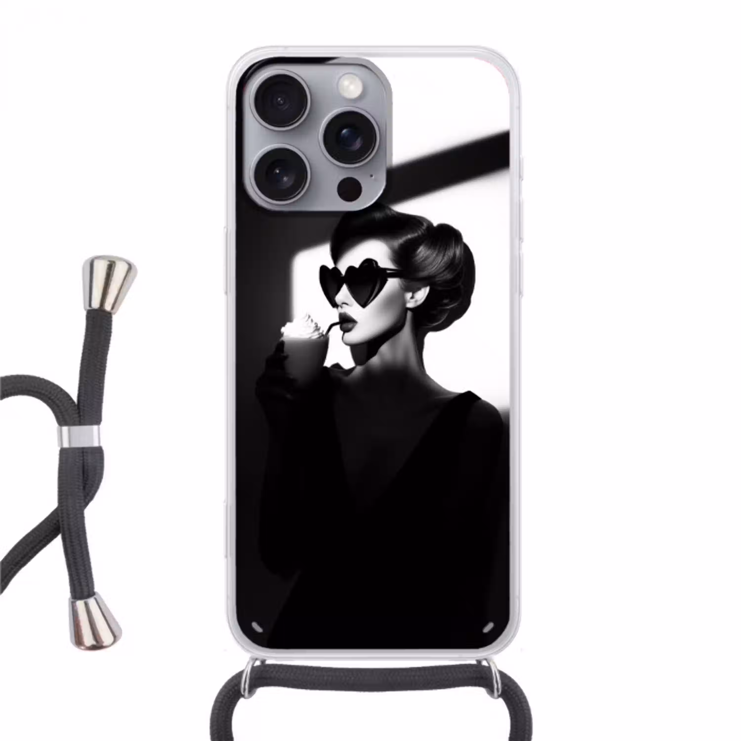 Vrouw - Zwart - Hart Hoesje iPhone 16 Pro Max met koord klein -3d