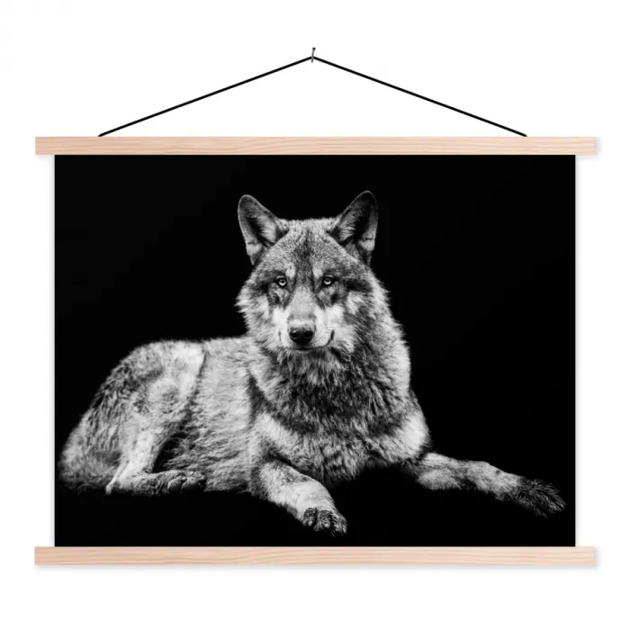 Wilde dieren - Wolf - Zwart - Wit textielposter latten blank klein -3d