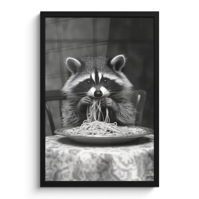 Poster met lijst - Wasbeer - Cute - Pasta - Tafelkleed - Zwart - Wit