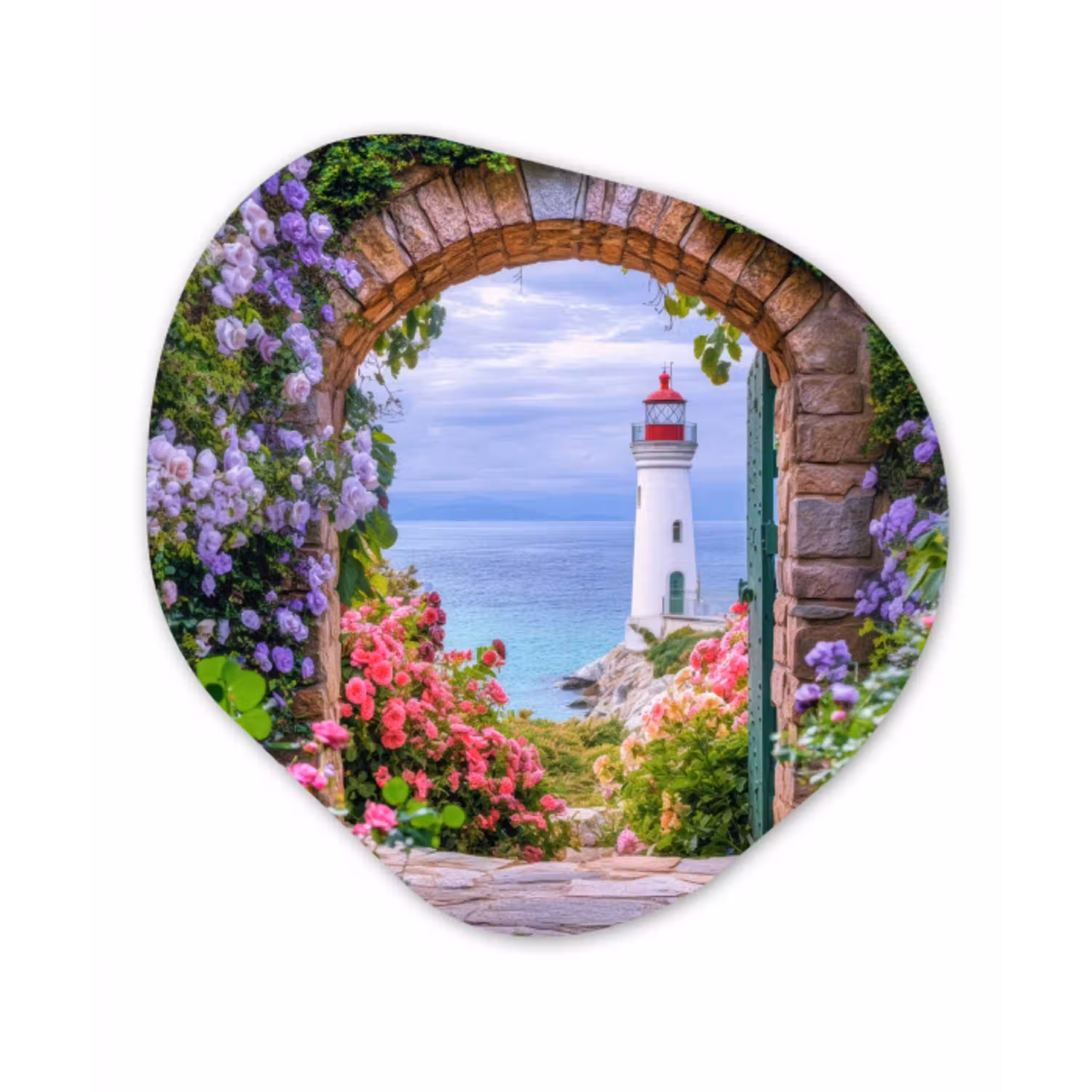 Doorkijk - Vuurtoren - Bloemen - Uitzicht Wandcirkel Organisch Aluminium middel -3d