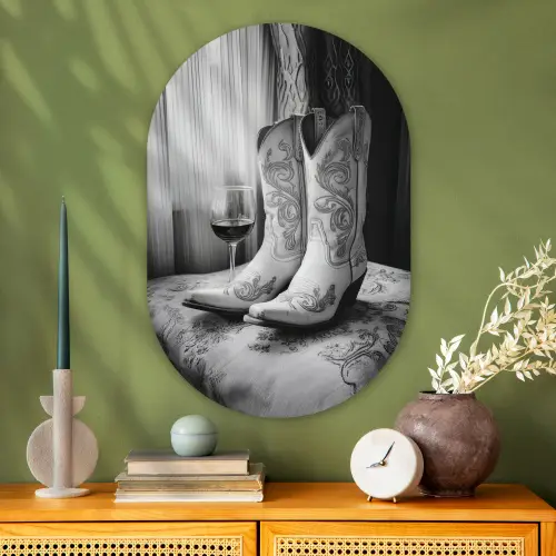 Wijn - Cowboylaarzen - Raamlicht - Wit Wandcirkel Ovaal Glas middel -sfeer2