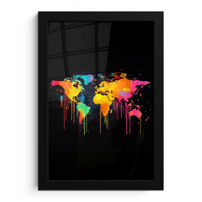 Wereldkaart - Verf - Kleurrijk - Graffiti - Wereld fotolijst zwart zonder passe partout klein -3d