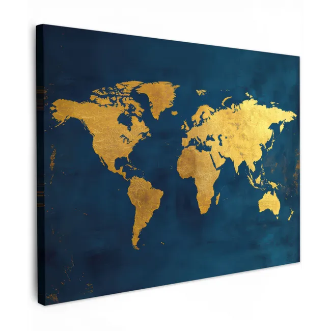 Canvas schilderij - Wereldkaart - Goud - Donkerblauw