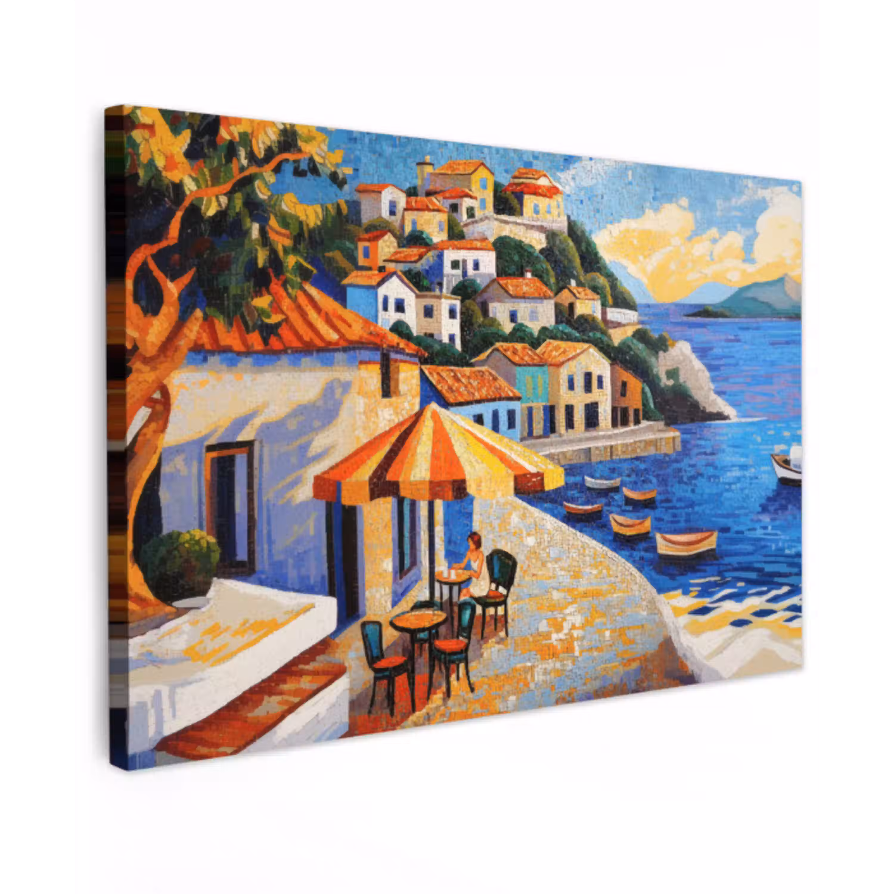 Kustdorp - Huisjes - Mozaïek - Zee Tuinposter op houten frame 2 cm dik klein -3d
