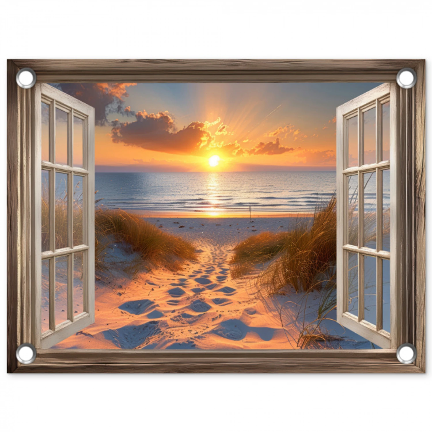 Doorkijk - Strand - Duinen - Zonsondergang tuinposter los doek klein -3d