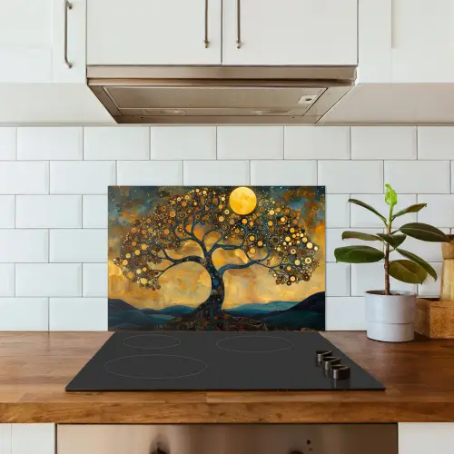 Boom - Maan - Bloemen - Goud - Kunst keuken achterwand spatscherm klein -sfeer2